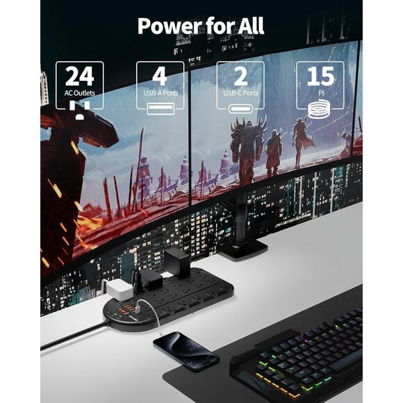 15Ft Power Strip Surge Protector, 3,400 Joules, DEPOW 24 AC Outlets, 6 USB - Picture 2 of 6